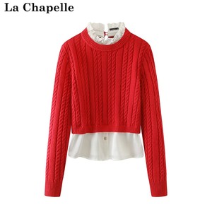 拉夏贝尔/La Chapelle春装新款假两件绞花针织衫女木耳领拼接毛衣
