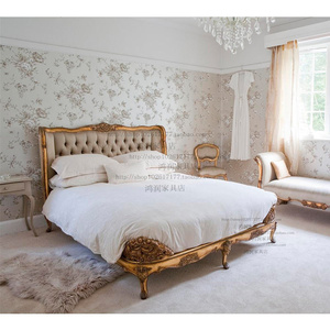 法式实木床 出口法国实木仿古实木床皇后软包床 金色雕花床 定做
