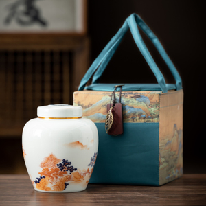 雄驰中式茶叶罐子陶瓷密封罐高档布袋礼盒装龙井红茶普洱茶醒茶罐