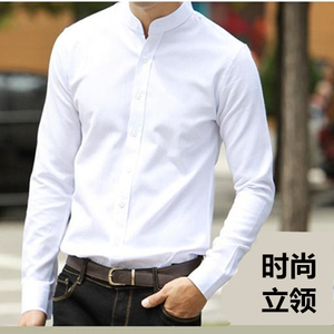 立领衬衫男长袖加绒加厚棉质青年修身发型师休闲中国风圆领衬衣秋