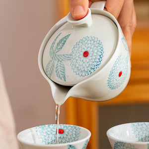 日本进口波佐见茶具套装小清新大丽花/猫咪陶瓷茶壶茶杯茶具套装