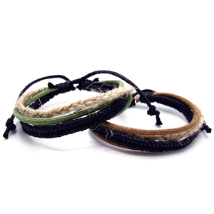 绿色驼色2色入 原创麻线蜡线编织手绳简约多层手工编织手链