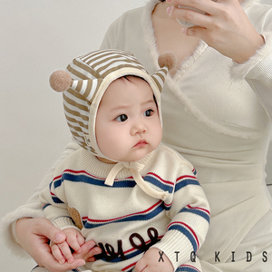 婴儿帽子春秋薄款宝宝胎帽可爱超萌条纹男女童套头帽小触角6个月