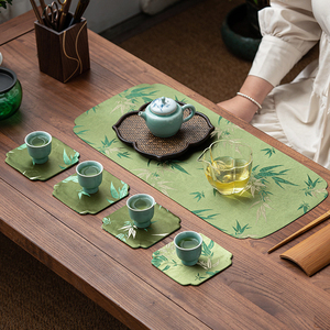 中式绸缎织锦刺绣竹子防水双面海棠干泡茶席桌旗布艺禅意茶道配件