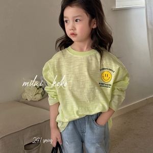韩国品牌milai女童T恤2024春装儿童条纹长袖T恤衫男女童笑脸t上衣