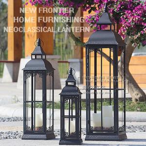 欧美式复古镂空铁艺玻璃烛台摆件 大号户外庭院落地风灯装饰马灯