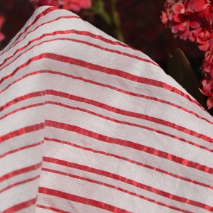 丝棉红条肌理褶皱感 色织面料布料桑蚕丝服装夏季薄品牌高端