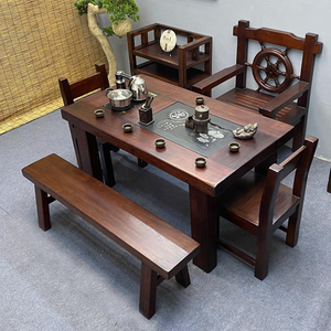 老船木茶桌椅组合一桌五椅功夫茶几小茶台一体实木家用办公室泡茶
