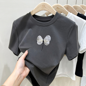 灰色蝴蝶结圆领短袖t恤女夏季2024新款设计感小众修身半袖上衣潮