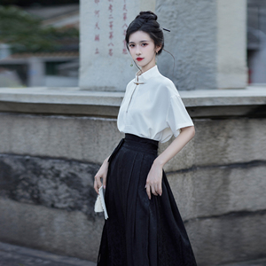 新中式国风白色衬衫女春秋2024新款黑色提花高级马面裙半身裙套装