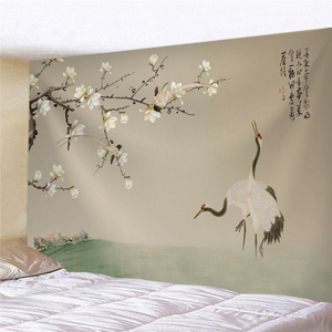 新中式山水花鸟装饰背景布古风桃花梅花背景墙布客厅卧室挂毯画布