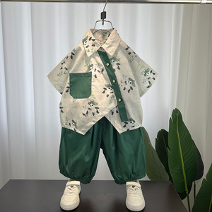 男童夏装洋气套装2024新款儿童衣服熊猫汉服短袖棉麻衬衫新中式潮