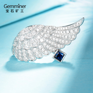 宝石矿工 18k白金钻石戒指 天使的翅膀钻戒 蓝宝石搭配钻石女戒