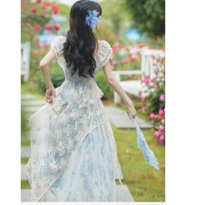 法式复古宫廷风蕾丝刺绣蓝色连衣裙夏季迪士尼在逃公主生日小礼服