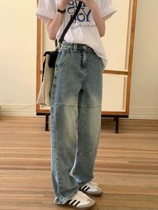 韩国工装阔腿牛仔裤女2024年新款高腰直筒宽松垂感小个子拖地长裤