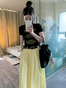 黄色高腰a字裙半身裙女夏季新款设计感伞裙小个子中长款大摆裙子