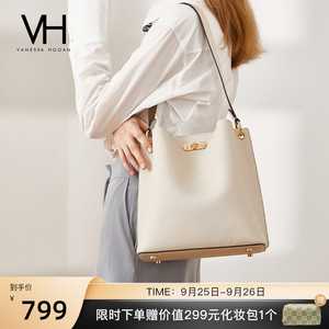 VH包包简约立体水桶包女新款纯色百搭真皮手提包日常大容量单肩包
