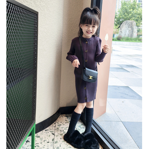 韩国童装女童春装针织裙2024新款小女孩洋气毛线中长款连衣裙长裙