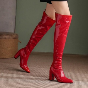 漆皮亮皮白色红色靴子女粗跟高跟过膝长靴长筒瘦瘦靴大码靴 ASCP