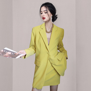 御姐范炸街西装套装高端通勤黄色西服外套配裙子女韩版秋装两件套