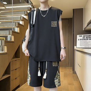 新中式男装宽松夏季篮球服薄款无袖背心短裤休闲运动套装青年搭配