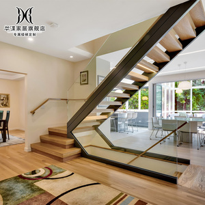 室内整体楼梯跃层欧式复式阁楼简约双梁斜梁钢木定制楼梯家用现代
