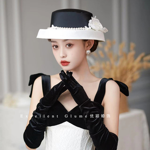 黑色法式礼帽女复古优雅网纱婚纱拍照帽饰时尚平顶洋气赫本风帽子