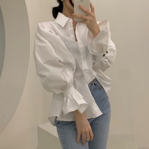 韩国chic袖口绑带灯笼袖白色长袖衬衫女装秋季新款设计感宽松上衣