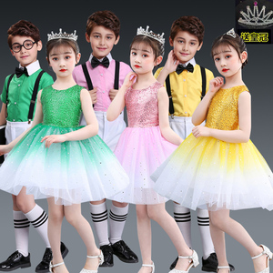 六一儿童合唱表演服幼儿园大班舞蹈演出服女童蓬蓬纱裙黄色公主裙