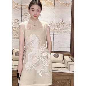 新中式女装重工刺绣无袖衬衫中长款斜襟盘扣立领改良唐装国风上衣