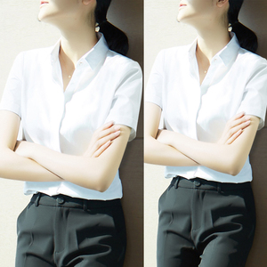 2024夏装新款翻领工作服衬衣工装OL黑色职业短袖免烫白色衬衫女