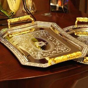 欧式不锈钢酒具托盘长方形家用水杯茶盘餐厅酒杯金色水果盘甜点盘
