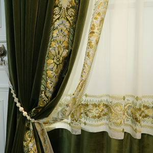 复古窗帘墨绿色美式刺绣花丝绒客厅卧室高档法式轻奢遮光别墅超高