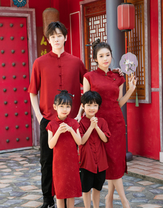 夏季新款高端亲子装一家三口新年装中国风母女旗袍红色汉服家庭装