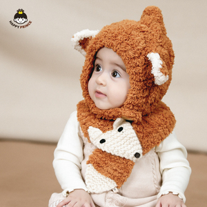 韩版新生婴儿手工精灵毛绒线针织帽围巾两件套装男女宝宝帽子秋冬