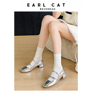 伯爵猫女鞋2024夏季新款银色单鞋粗跟方头浅口小皮鞋法式玛丽珍鞋
