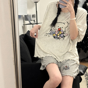 莫代尔睡衣女生夏季短袖棉带胸垫可爱卡通小熊日系薄款家居服套装