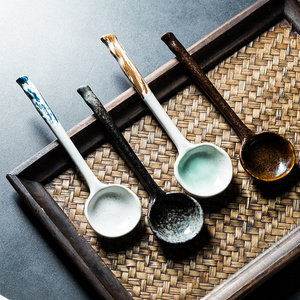 釉下彩日式陶瓷勺子长柄家用高颜值汤勺吃饭勺甜品咖啡勺调料碗勺