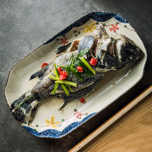 大号鱼盘家用创意深盘菜盘寿司长方形日式清蒸鱼盘子剁椒鱼头盘子