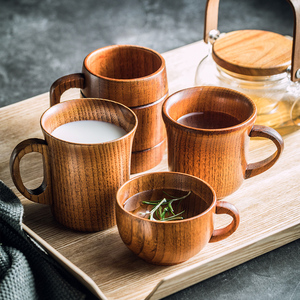 日式复古木质杯子木制手柄咖啡杯牛奶杯泡茶杯学生喝水杯手工杯