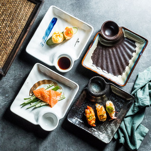 日式创意陶瓷饺子专用盘子家用盘碟水饺盘自带醋碟小吃餐盘薯条盘