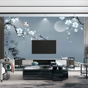 花鸟新中式电视背景墙纸客厅影视墙壁纸家用3d立体定制壁画无纺布