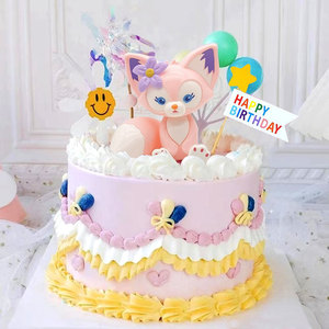 小动物兔子狐狸蛋糕装饰摆件太阳花五角星插旗马卡龙气球雨丝插件