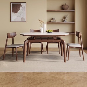 馨佰利连纹岩板餐桌现代简约家用小户型北欧全实木可伸缩变圆饭桌