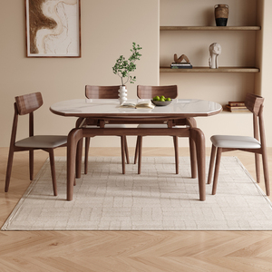 馨佰利连纹岩板餐桌现代简约家用小户型北欧全实木可伸缩变圆饭桌
