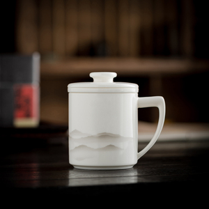 苏氏陶瓷羊脂玉办公杯茶水分离马克杯带过滤白瓷带盖茶杯可定制