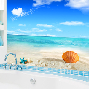 浴室卫生间客厅背景墙装饰海报墙贴  沙滩海边风景自粘高清海报画