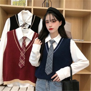 春季学院风两件套毛衣马甲针织背心女学生韩版宽松百搭+单件衬衫