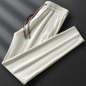 法国FAN DLUCK薄款竖条纹垂感米白色休闲裤修身高端小脚直筒长裤