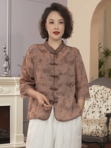 新中式苎麻上衣女七分袖2024夏季新款改良立领宽松亚麻薄款衬衫潮